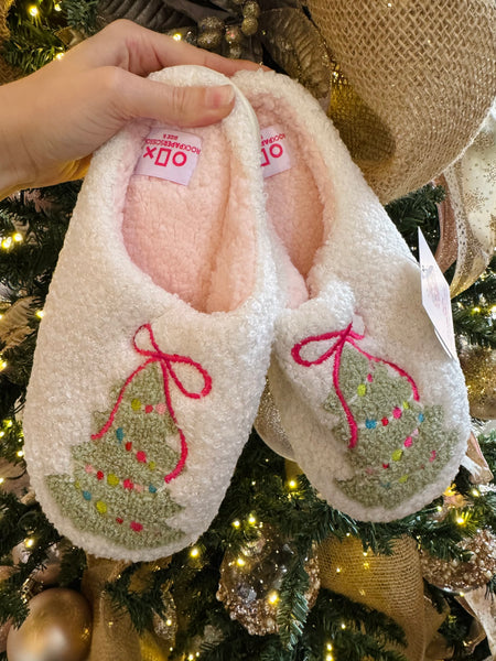 Pink Bow Christmas Tree Slippers