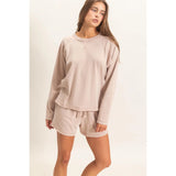 Mineral Wash Long Sleeve Raw Edge Top & Shorts Set